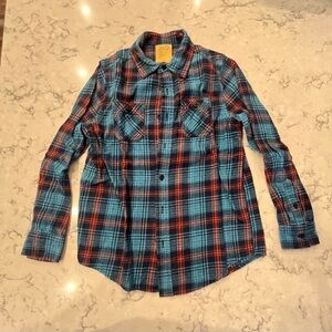 Boys M There Abouts Blue and Salmon Flannel Long Sleeve Shirt